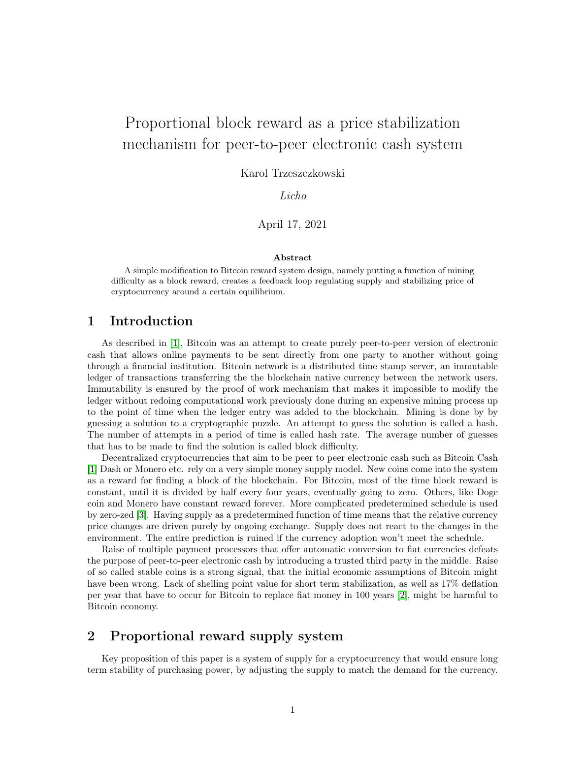 First page of the proportional block reward whitepaper